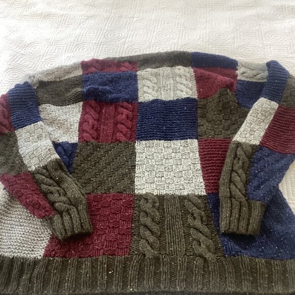 Vtg Orvis Patchwork Wool & Cashmere Blend Cable Knit Sweater XL Color Blocks - Picture 8 of 11
